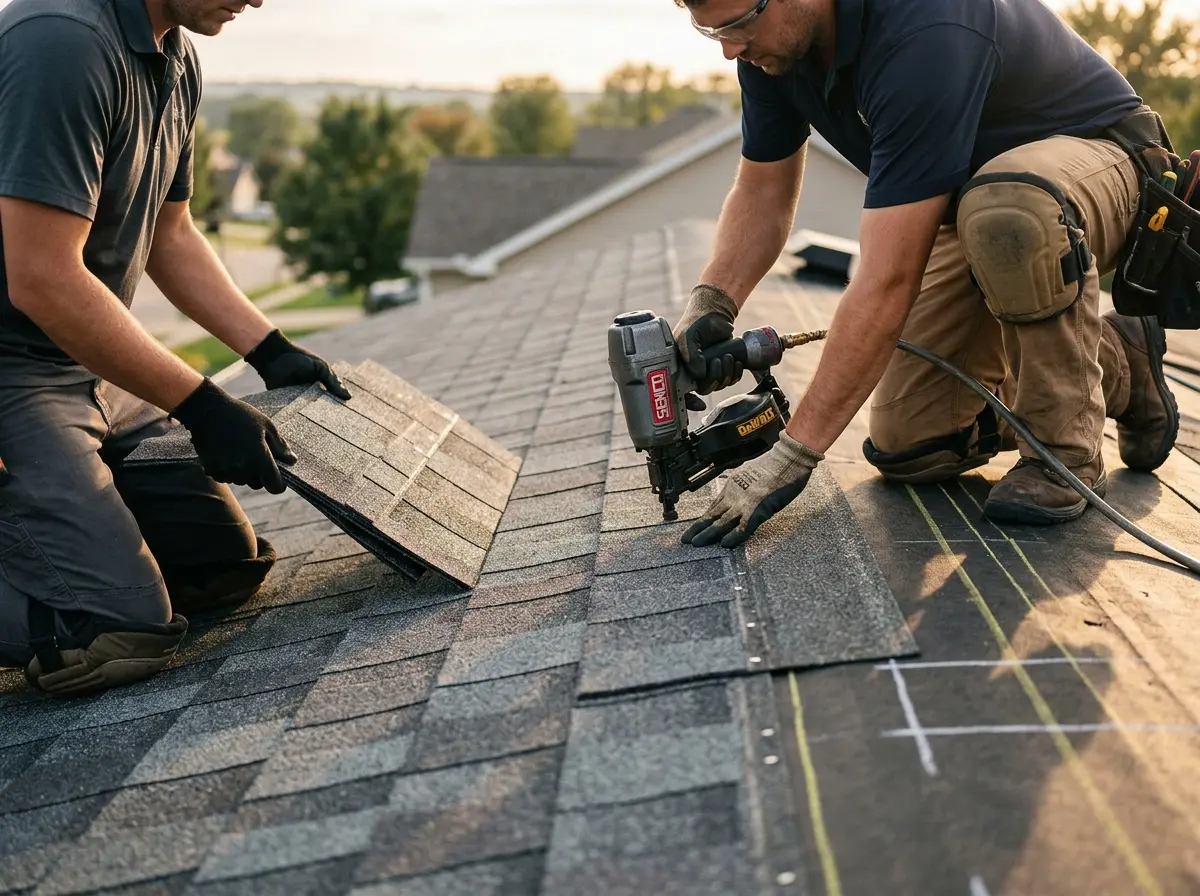 Professional roofer working on a residential roof in White Oak